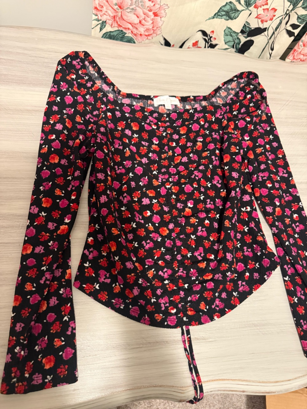 NWOT Floral Off-Shoulder Long Sleeve Top in Black with Pink & Red Blossoms